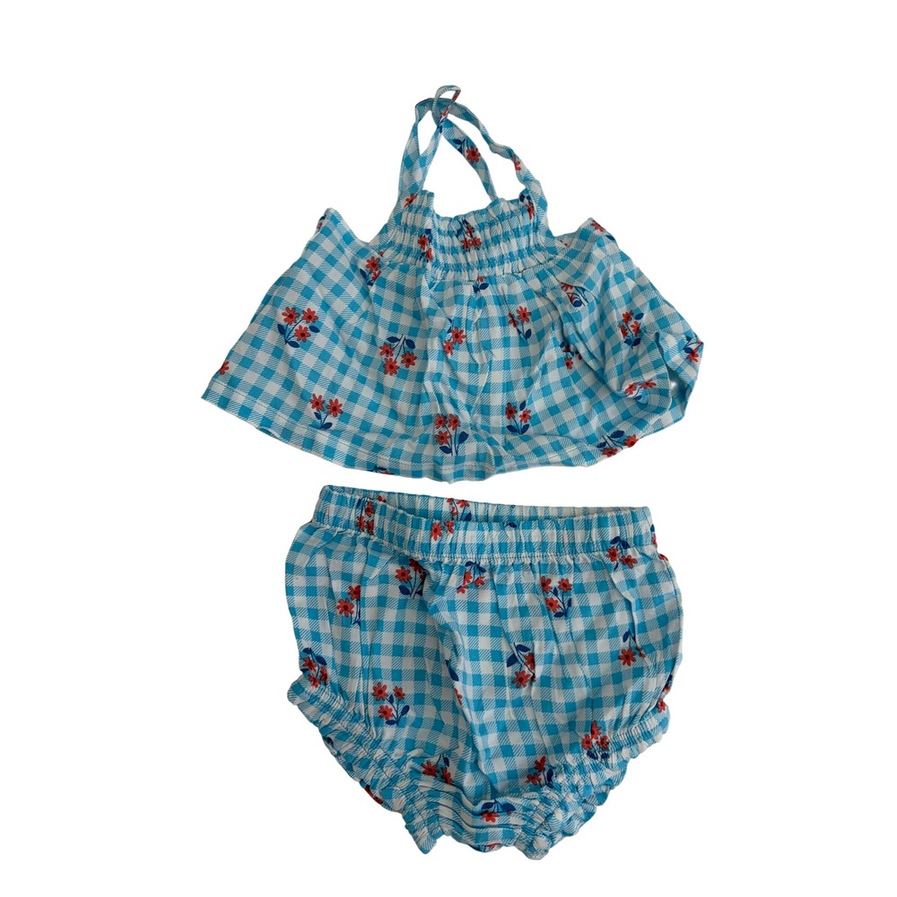 Cat & Jack Baby Girl Gingham Floral Peplum Top and Bloomers Set 0-3M Blue